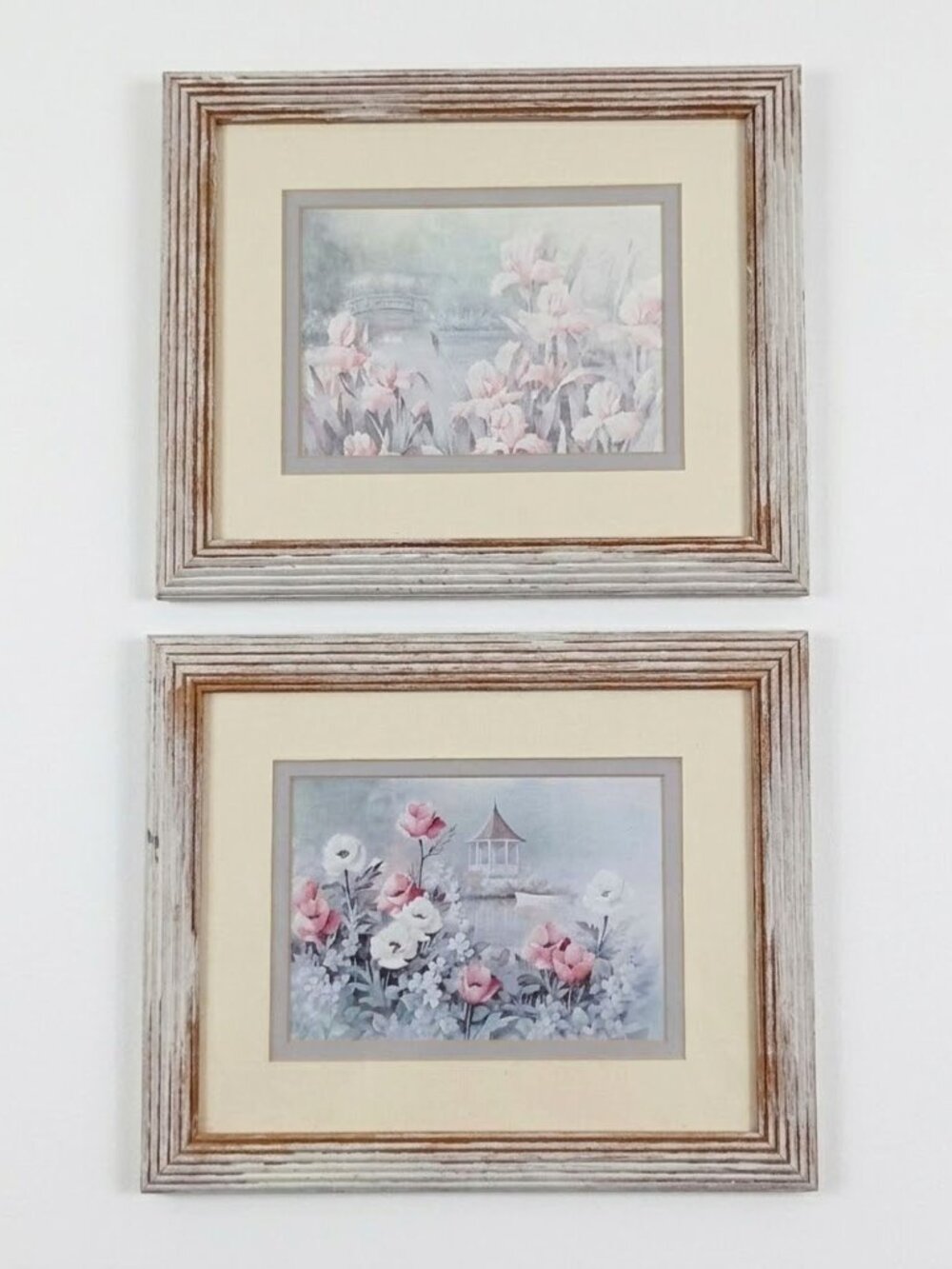 Vintage Floral Framed Prints Set Gazebo Garden Landscape Peaceful Lake Wall Art